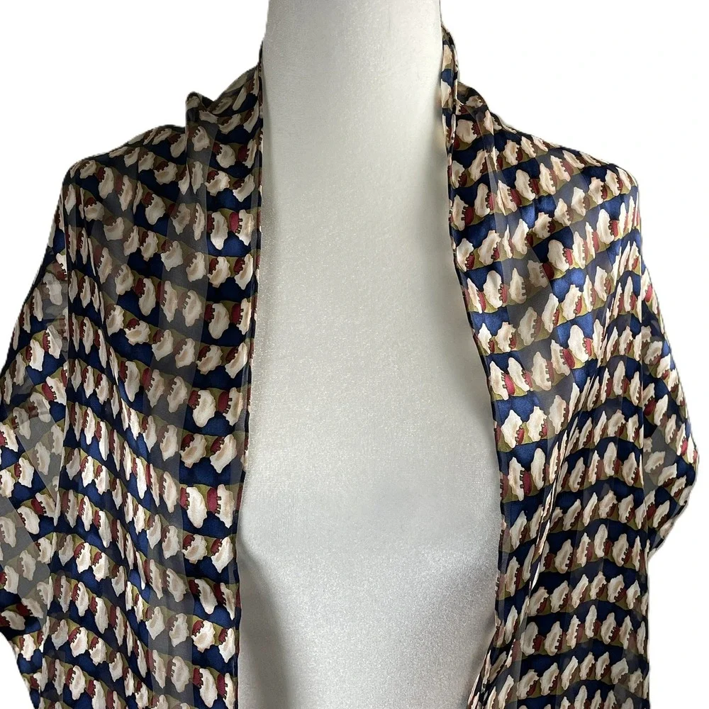 Vintage Style 100% Silk Abstract‎ Geometric Print Scarf Navy Blue Cream 64x13